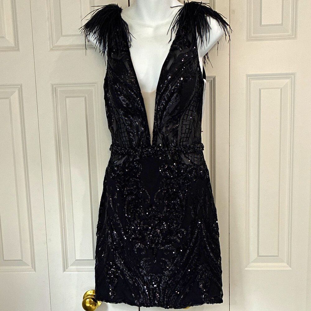 Jovani Black Sequin Beaded Feather Mesh V-Neck Sleeveless Mini Dress Women 8